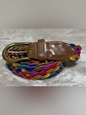 Vintage Genuine Leather Belt Multicolor Rainbow Woven Braided Boho Hippie Large